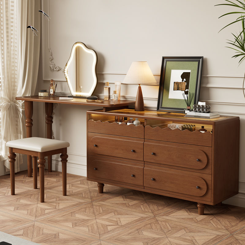 French Mid-Century Style Bedroom Retractable Solid Wood Dressing Table Roman Column Small Apartment Mid-Century Dressing Table American Retro