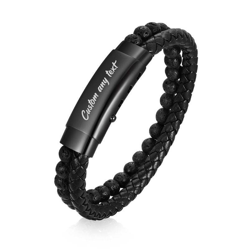Men's Leather Bracelet with Stainless Steel Retractable Clasp, Laser-Engraved Double-Layer Leather Bracelet, Volcanic Stone Leather Bracelet Men's Leather Bracelet with Stainless Steel Retractable Clasp, Laser-Engraved Double-Layer Leather Bracelet, Volcanic Stone Leather Bracelet