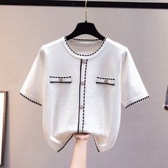 (在庫あり) アイスシルクニットショートスリーブトップレディースサマーホワイトTシャツルーズジャケットショートラウンドネック