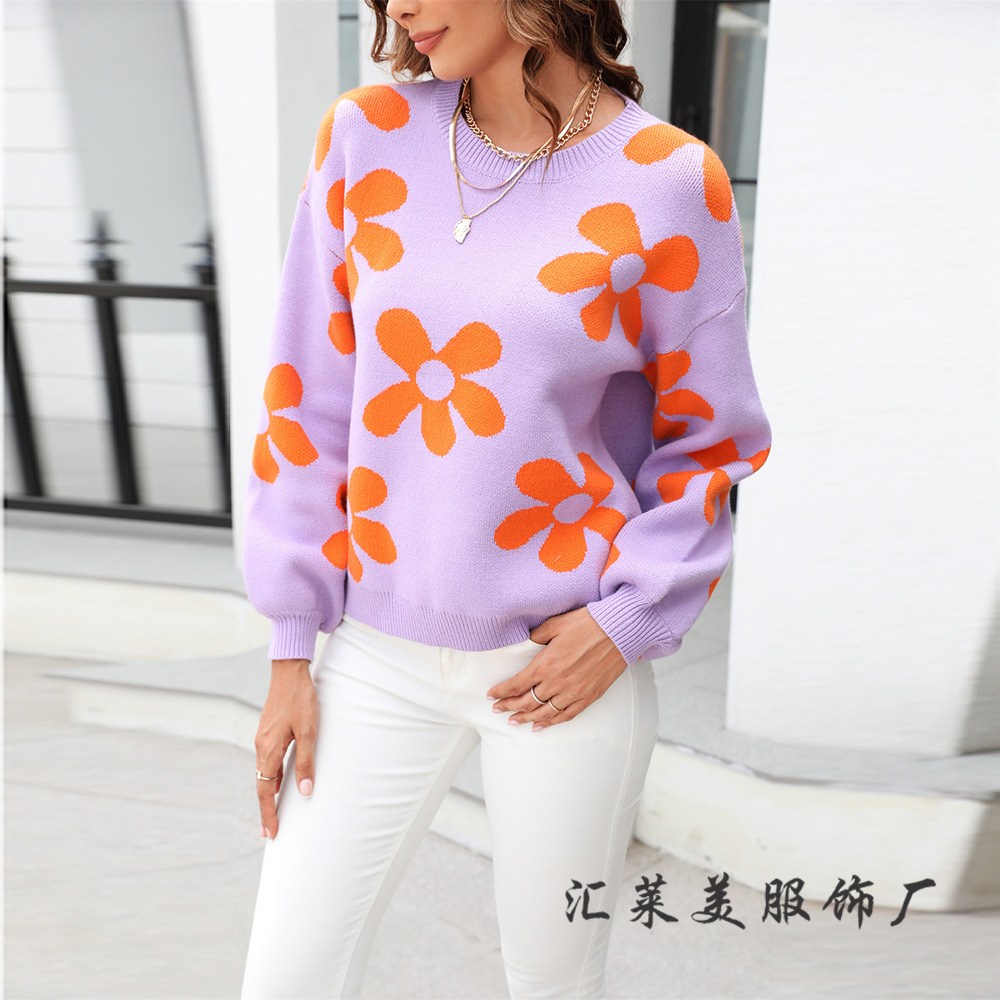 2023 otoño e invierno nuevo transfronterizo suéter impreso de las mujeres Comercio exterior Amazon popular suéter flor más el tamaño para las mujeres