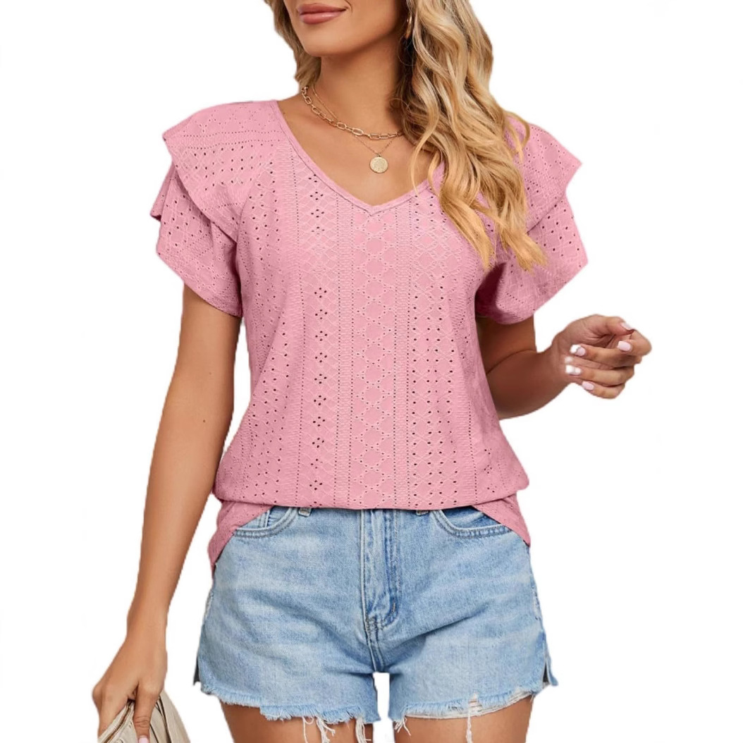 2025 transfronterizos Europa y América primavera y verano nuevo cuello hueco collar manga de hoja de loto camiseta de manga corta camiseta casual chaqueta de mujer