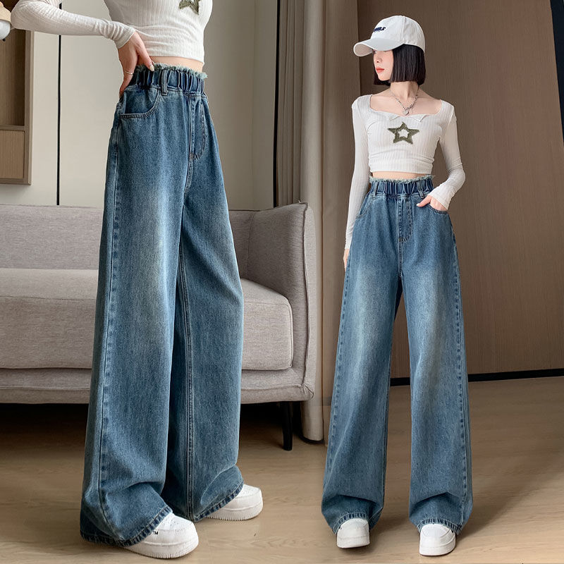 加绒加厚流苏牛仔裤女2025秋冬新款宽松直筒裤显瘦松紧腰阔腿裤子|undefined