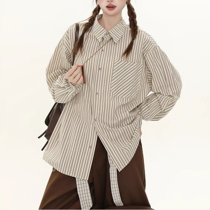 美式复古条纹长袖衬衫男女2025秋季新款情侣宽松显瘦百搭休闲上衣|undefined