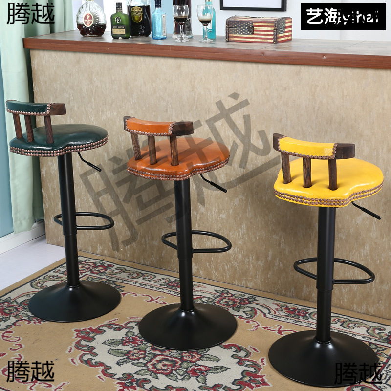 艺海复古酒吧椅子美式实木吧台椅升降旋转咖啡厅桌椅高脚凳子