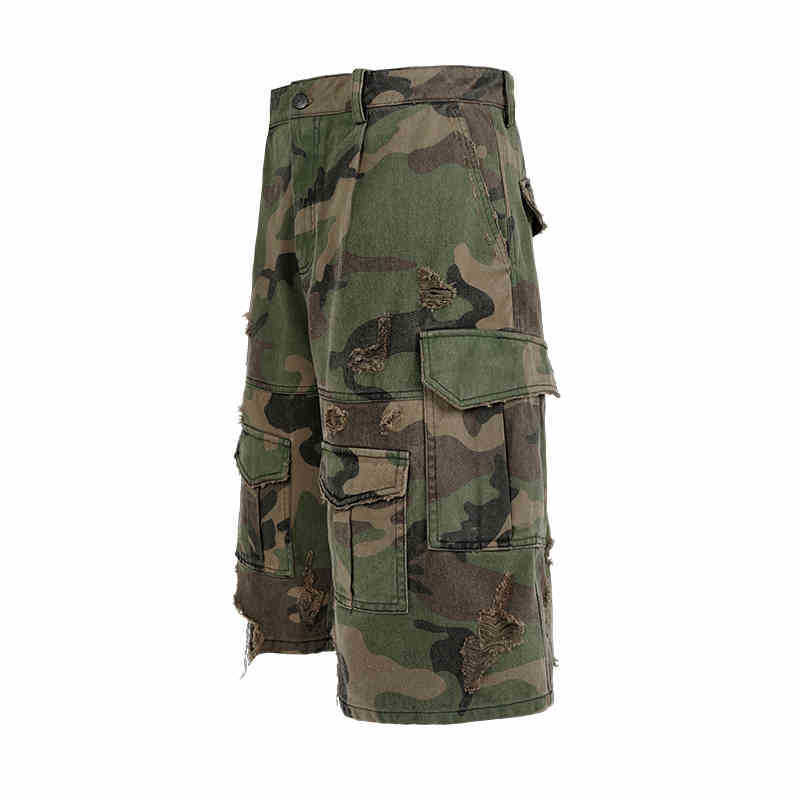Large Quantity, Excellent Quality, Camouflage Stone Washed, Distressed Cropped Pants, American Style Ripped Cargo Pants, Loose Wide-Leg Shorts