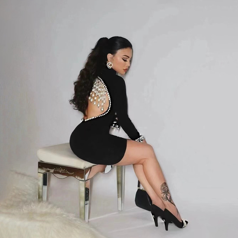 Amazon Cross-Border Autumn and Winter Long-Sleeved Back Cut Out Bead Chain Fashionable and Elegant Bandage Dress Evening Dress Dress