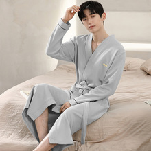 华夫格浴袍男款春秋季棉中长款男士睡袍2025新款吸水一体式浴衣