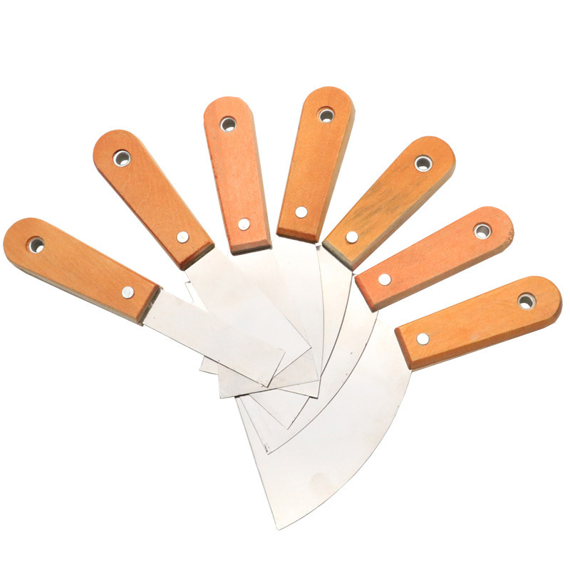 批发镜面双夹不锈钢油灰刀木柄铲刀清洁刀双色柄碳钢塑胶铲子