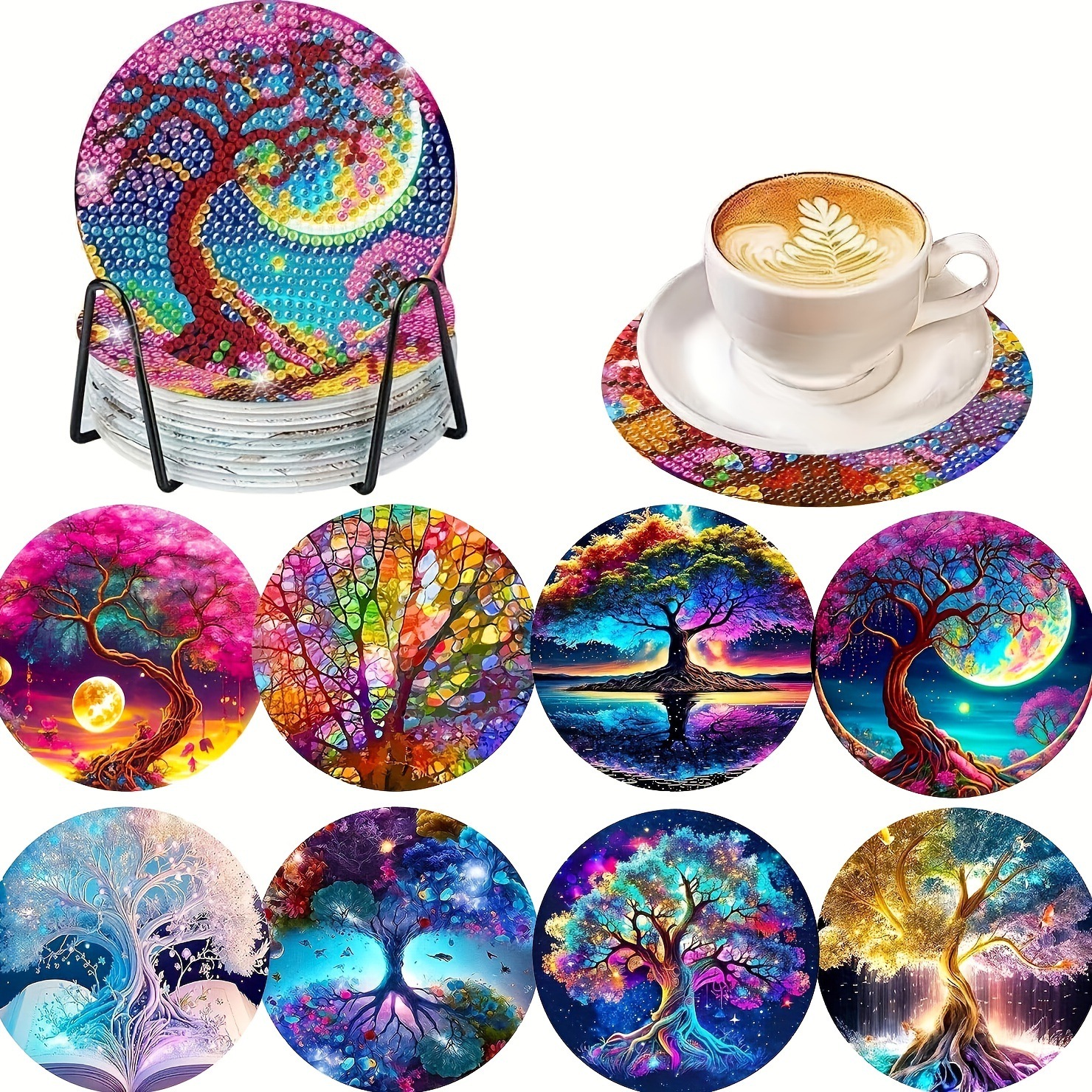 Ventas transfronterizas calientes de 8 piezas de conjunto de cojín de taza de arte de diamante, con soporte, pequeño conjunto de pintura de diamante, adecuado para adultos