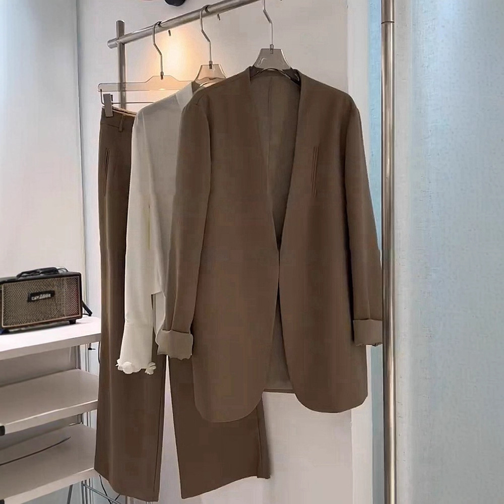 Brown Suit Jacket for Women, Early Autumn Korean Style Professional Workwear, High-End Collarless Casual Suit, Commuter Short Jacket