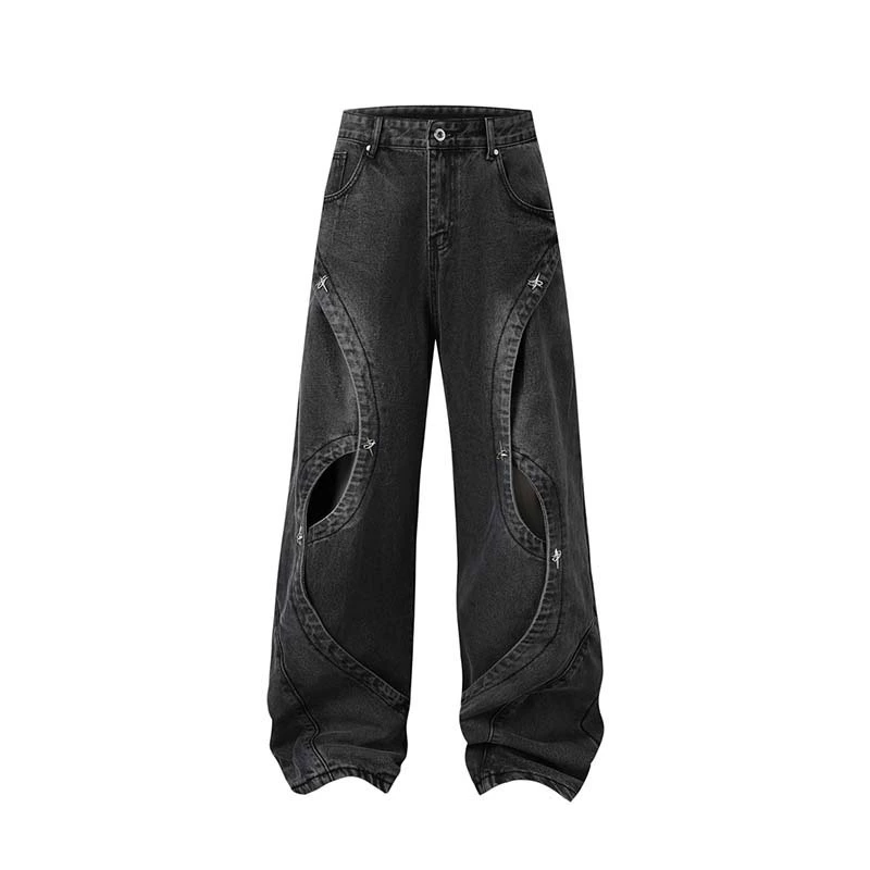 Американская высокая улица деконструирует сращивание, стирая старые джинсы, мужская одежда приливная бренд ретро свободные повседневные прямые брюки