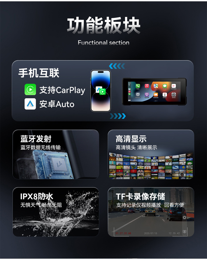 Cross-Border 5inch Motorcycle-Specific Dash Cam Carplay Android Auto Portable Screen Smart Car Device High Definition