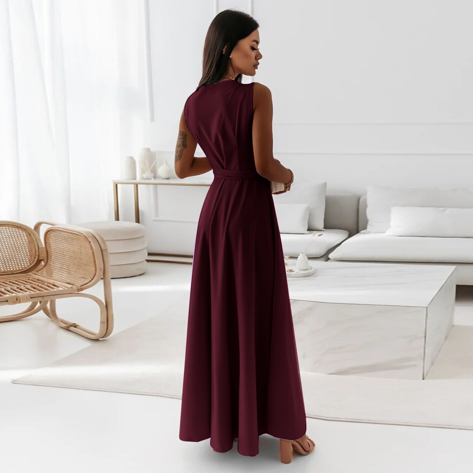 2025 Independent Station European And American Cro-Border Spring Summer New Women's Solid Color V-Neck Long_ecoleips.com