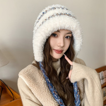 针织毛线帽韩版条纹拼色板子女秋冬时尚保暖防风百搭显脸小护耳帽
