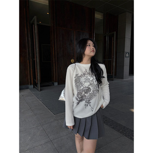 plus size Women's Slimming All-match Pullover Round Neck Inner Base Shirt New Style Lazy Style Printed Knitted Long-sleeved T-shirt