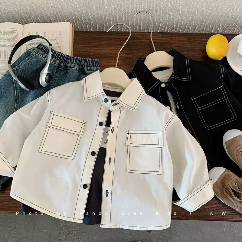 日系男童衬衫春秋儿童明线外套2025新款男孩长袖衬衣小童上衣纯棉