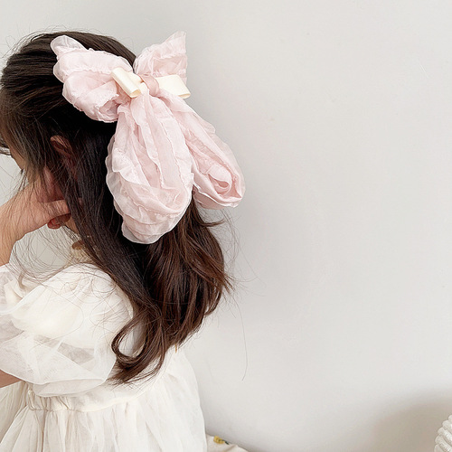 New French retro fungus edge chiffon bow children's pink girly style super fairy pressure clip hair accessories steel hair ring