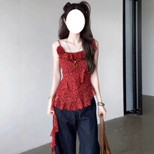 法式复古荷叶边红色吊带背心女夏季2025新款不规则漂亮小上衣