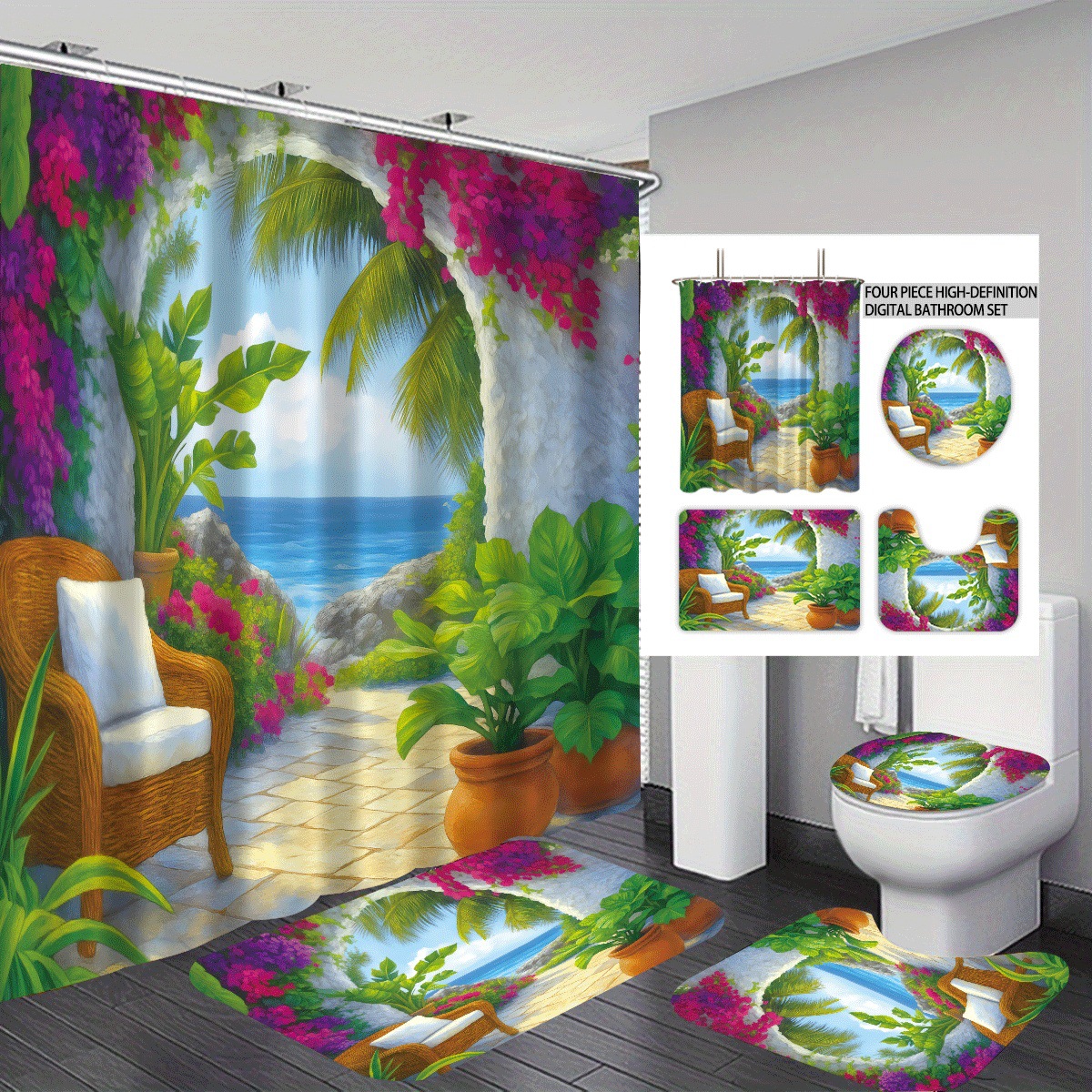 Temu cortina de baño impermeable personalizada serie de elementos marinos 3D impresión poliéster cortina de baño de cuatro piezas fábrica image 13