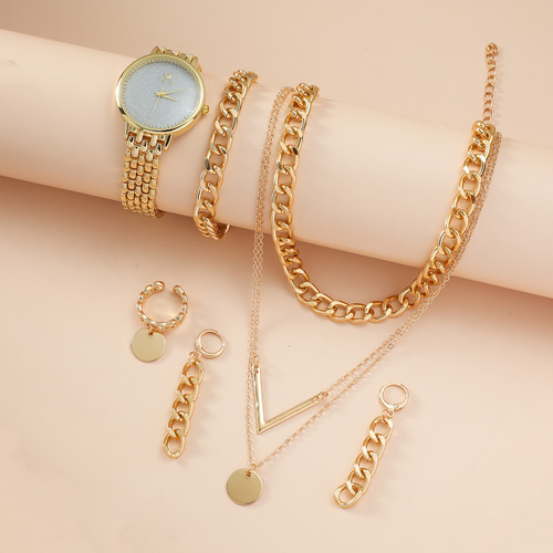 5pcs/set steel belt women's watch new style women's casual Korean style versatile quartz watch set