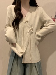 不规则软糯领毛衣开衫外套女秋冬微胖大码遮肚子宽松针织打底衫