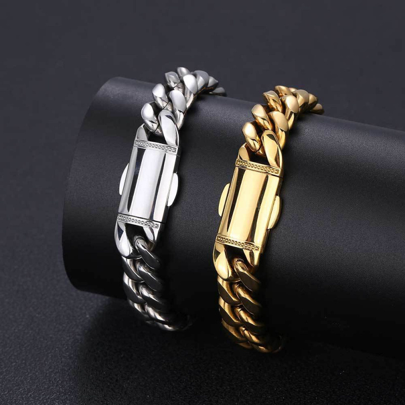 European and American Hip-Hop Spring Buckle Stainless Steel Cuban Chain Real Gold Electroplated Titanium Steel Round Grinding Encrypted Bracelet Factory Direct Sale