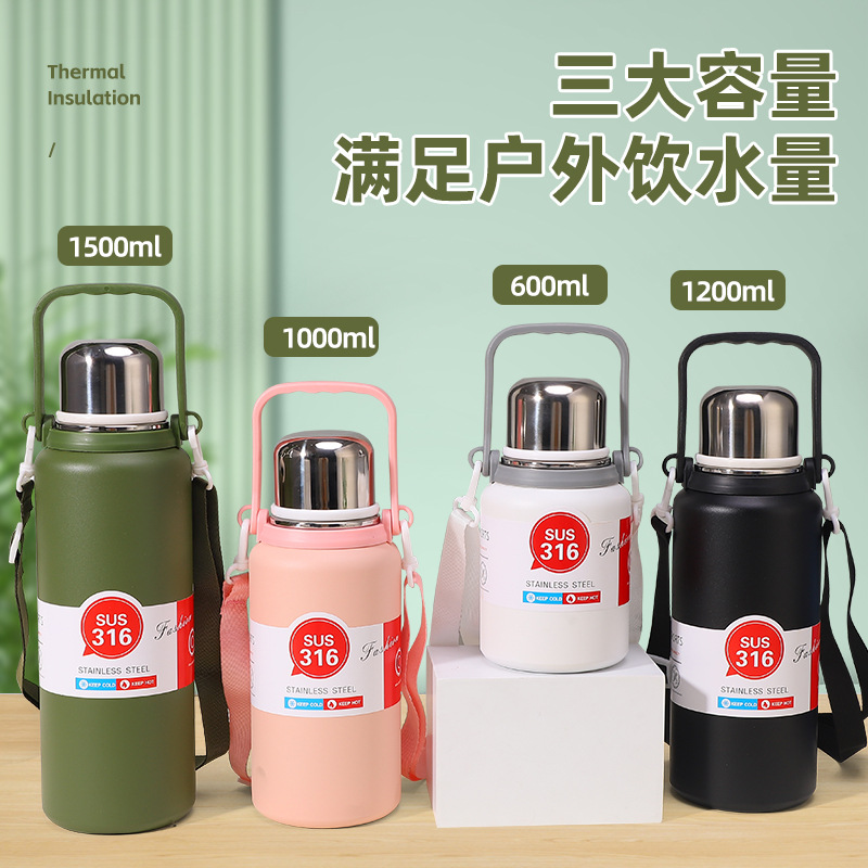 Cantimplora térmica portátil de acero inoxidable 316, gran capacidad (tipo tonel) – con correa, para niños y exterior.