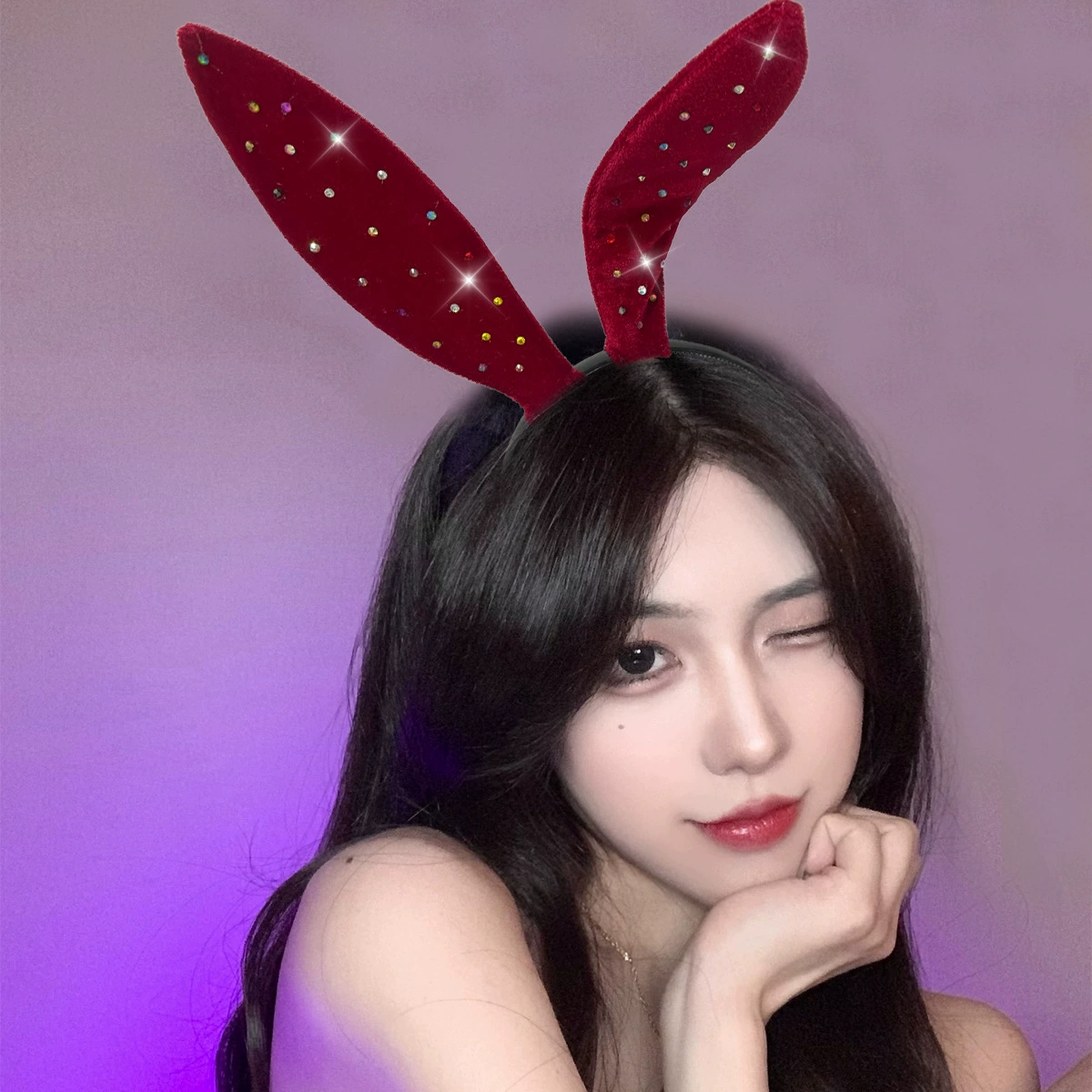Headband Red Rabbit Lace Ears, Handmade Hair Accessory, High-Quality Graduation Party Style