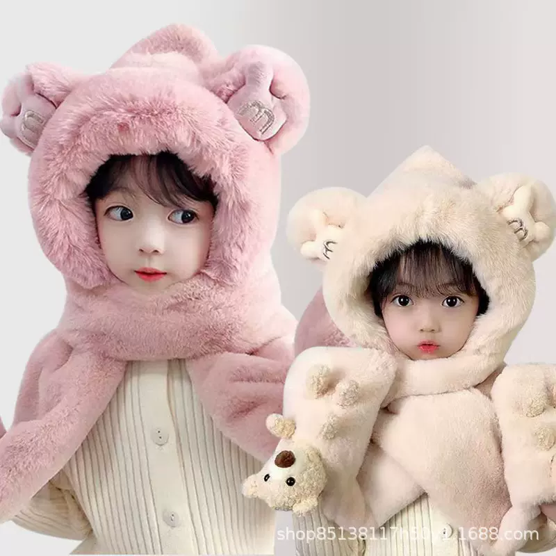 亲子款小熊帽子围巾一体儿童宝宝加绒加厚可爱毛绒围脖手套三件套