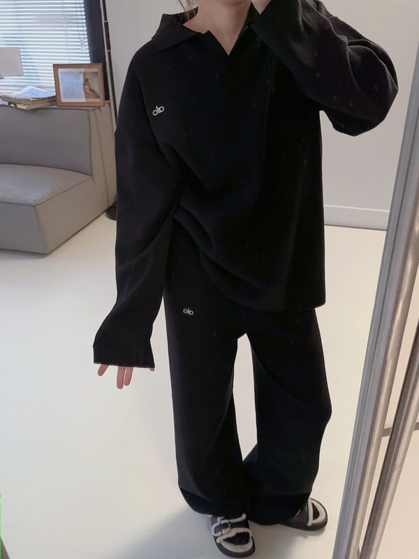 Alo欧美春秋老钱风套装Polo领针织套头衫阔腿长裤两件套针织套装|undefined
