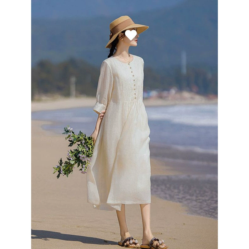 Элегантное платье цвета абрикоса Ramie, большого размера, свободное и плотно прилегающее к телу, популярное элегантное женское длинное платье из хлопка и льна в китайском стиле для похудения.