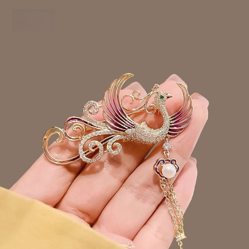 Chinese Style Enamel Brooch Women's Gradient Tassel Phoenix Light Luxury Vintage Corsage Pin Suit Jacket High-end Accessories