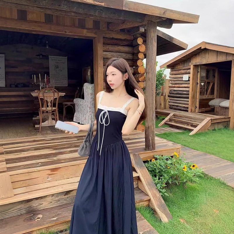 韓国kumikumiレーススプライシングサスペンダードレスレディース夏の新しいスタイルで肉をカバーしてスリムに見えるリボンロングスカート|undefined