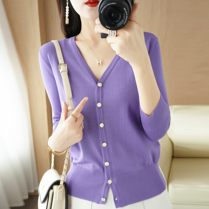 V-Neck Five-Quarter Sleeve Knitted Ice Silk Cardigan for Women, New Summer Korean Style Mid-Sleeve Single-Breasted Outerwear