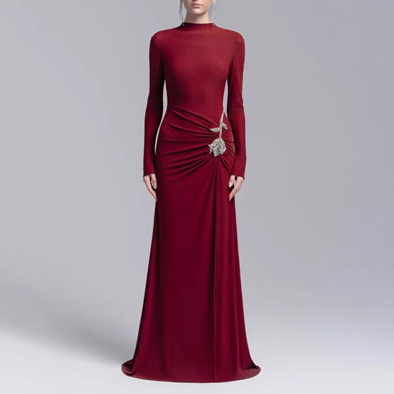 Vietnamese Niche Designer Elegant Heavy Pleated Rose Crystal Long Dress Women's Long-Sleeved Black Turtleneck Dress