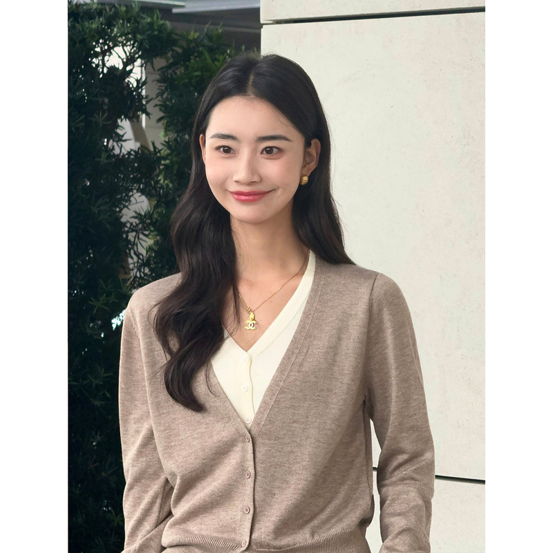 pusumede 复古收藏家 V领假两件针织开衫女宽松气质薄款外套上衣|undefined
