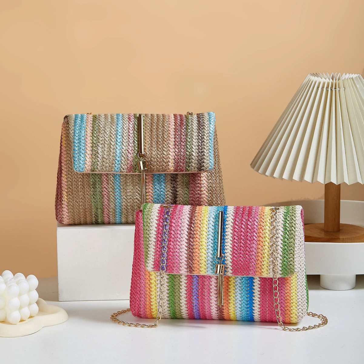 [Трансграничный] Взрывной цветной полосатый плетеный колокольчик декоративный маленький квадрат сумка женская новая цепь на одно плечо под подмышкой