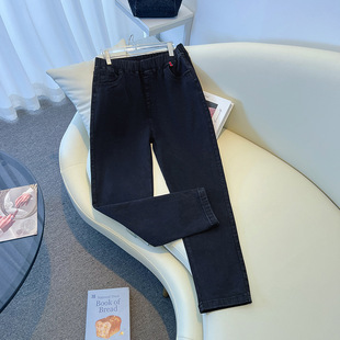 Autumn new 280kg plus size high waist stretch leggings jeans slim straight black dad pants thick