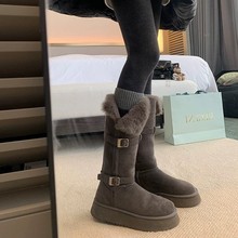 厚底灰色毛毛雪地靴女2025秋冬新款中长筒加绒加厚保暖高筒靴棉鞋