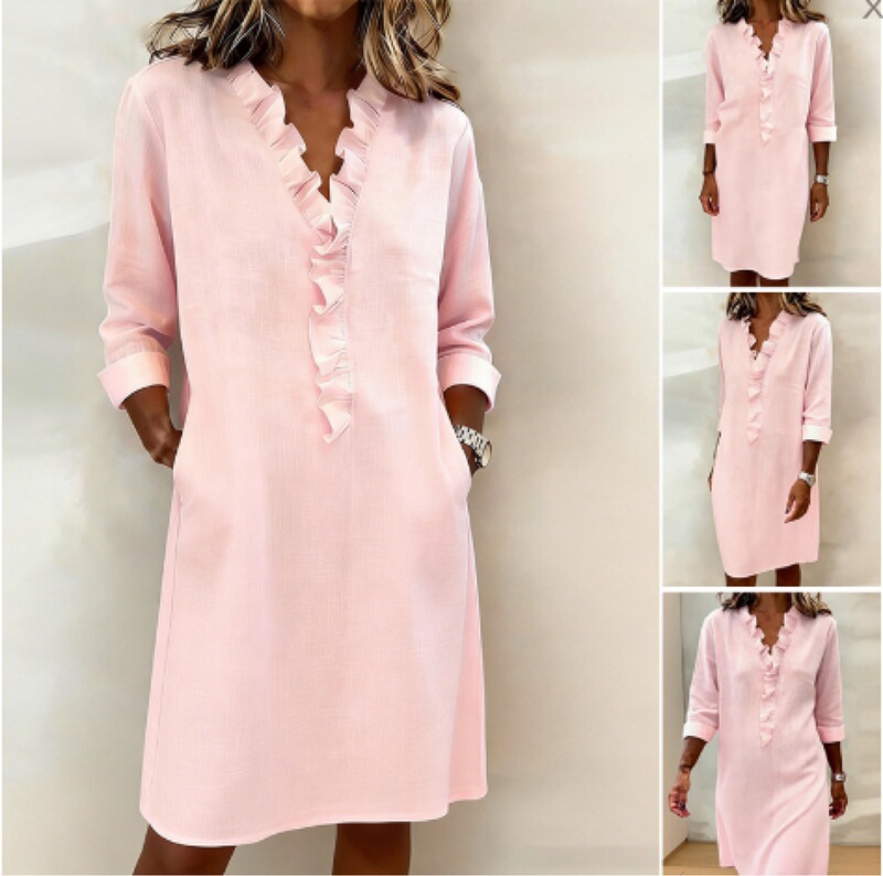 2026 European and American Cross-Border Spring New Fashion Slim-Fit Women's Ruffled Long-Sleeve Cotton-Linen Shirt Dress 2026 European and American Cross-Border Spring New Fashion Slim-Fit Women's Ruffled Long-Sleeve Cotton-Linen Shirt Dress