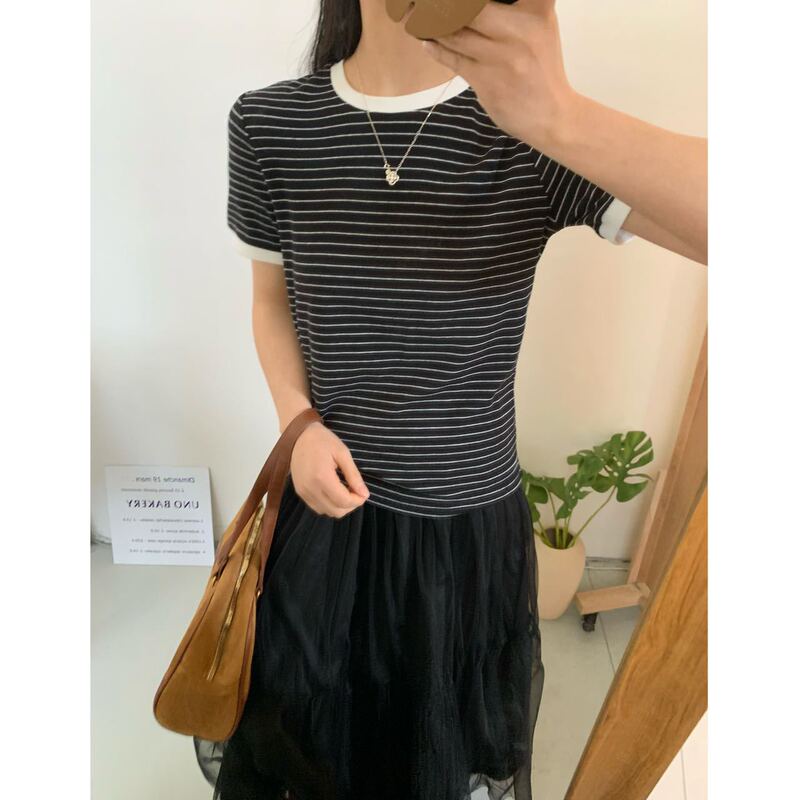 Original Export Fashion Round Neck Color-Blocking Skin-Friendly Slimming Short-Sleeve Base T-Shirt for Women Trendy Top