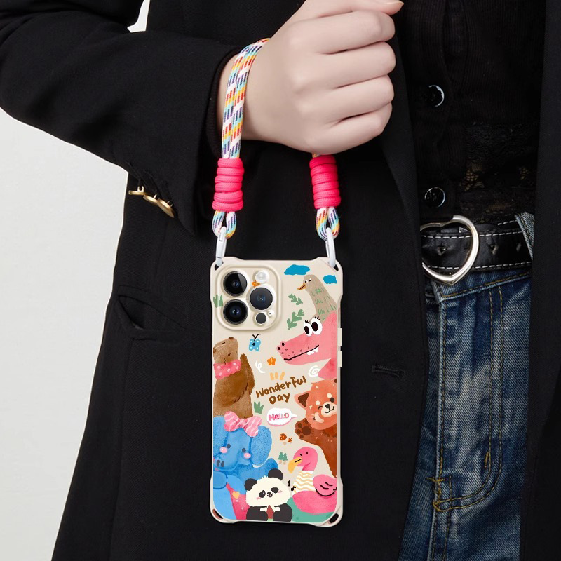 Personalized Zoo New Apple 15Promax Mobile Phone Case 16 Suitable for Ip14 Four-Corner Opening Lanyard Apple X