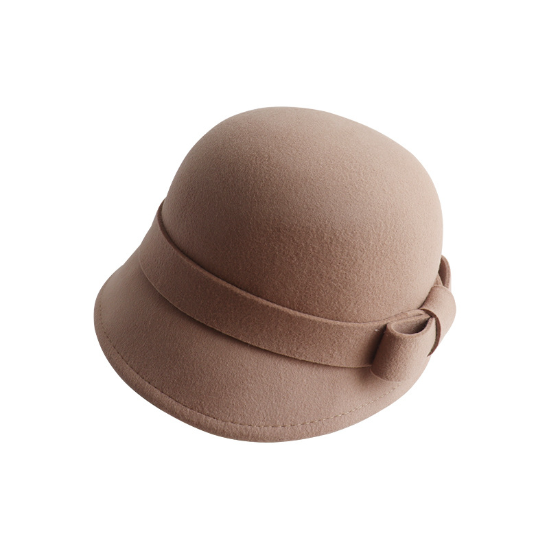 Estilo francés poco Hepburn frente Largo trasero corto arco sombrero de lana pescador cuenca sombrero blanco crema pequeño ala sombrero femenino