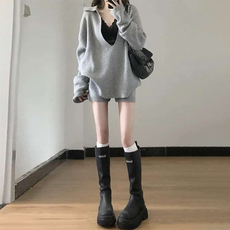 辣妹针织毛衣套装连衣裙女2025新款小个子短裤纯欲一整套秋冬穿搭|undefined