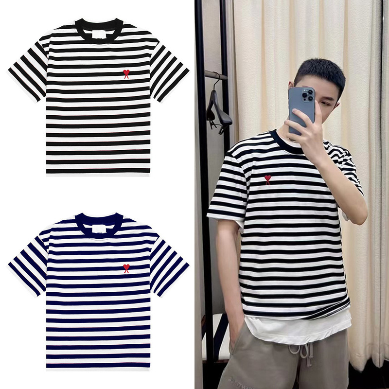 Ami Cross-Border Wholesale Summer Short-Sleeved Small Heart Embroider Men's and Women's Stripesd Loose Round Neck Couple T-Shirt Tops Versatile