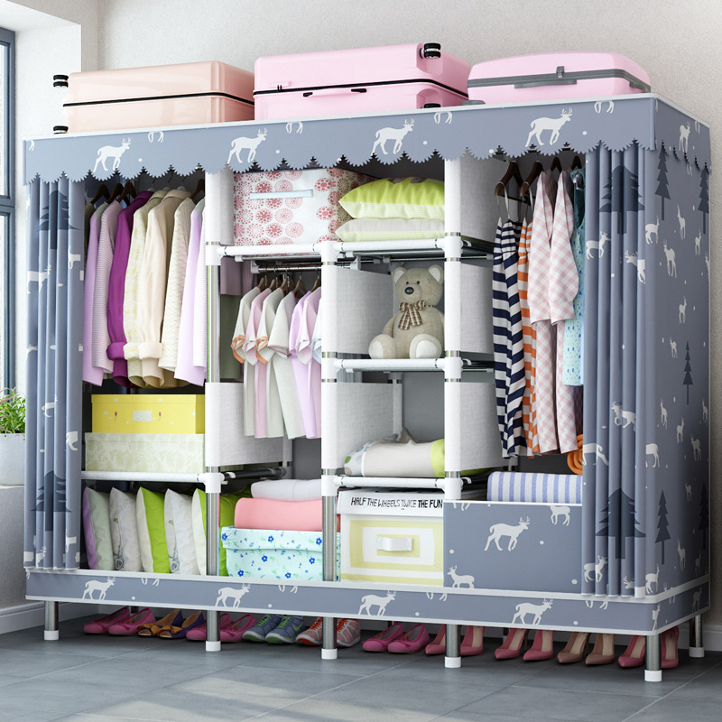 Zipper Fully Closed Simple Cloth Wardrobe Steel Pipe Thickened Reinforced Full Steel Frame Thickened Oxford Cloth Fabric Sealed Household