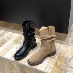 厚底V口显瘦中筒靴女鞋2025春秋季单靴西部牛仔堆堆短靴马丁靴子