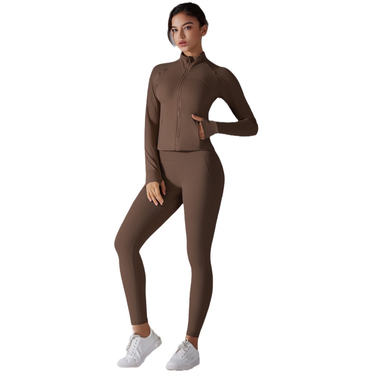 Nuevo color sólido antibacteriano transfronterizo sin desgaste ropa interior con cremallera chaqueta traje de yoga juego de ejercicio ejercicio de dos piezas