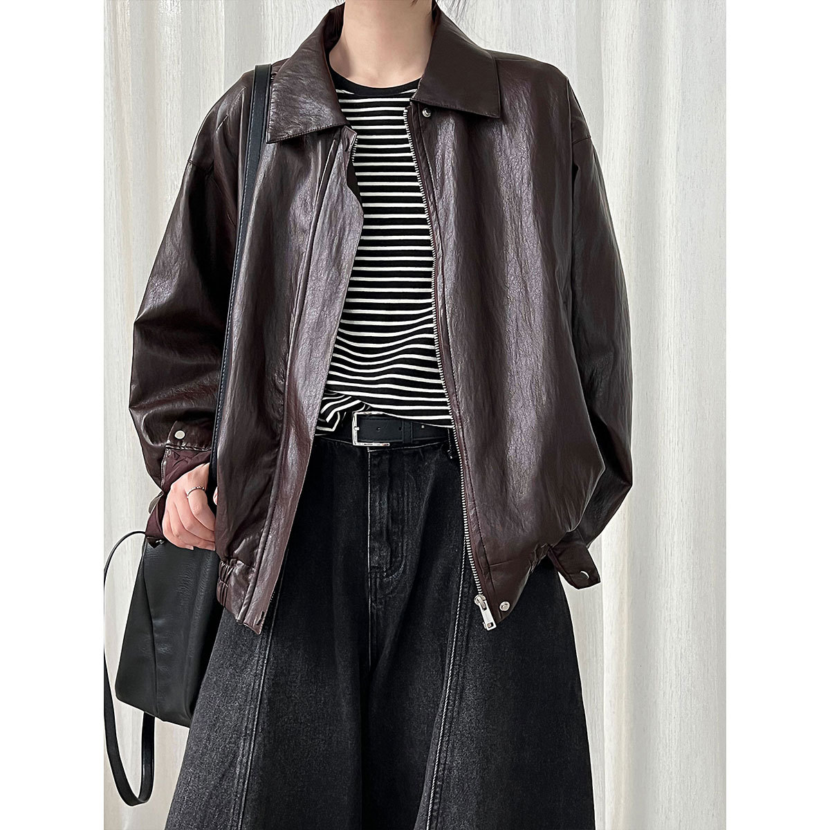 Lushi American Retro Trendy Motorcycle Jacket Women's 25 Autum New High-End Pu Leather Jacket 9769