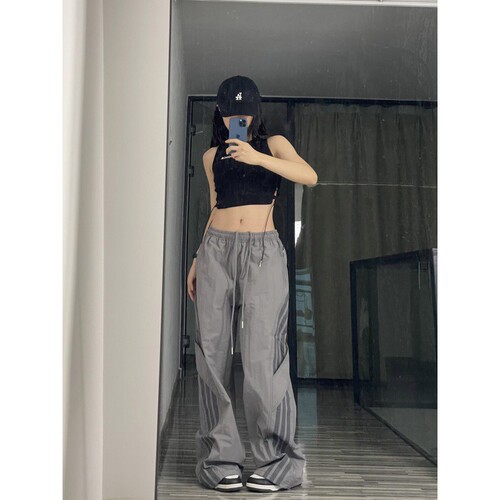 Women's Loose Wide-Leg Straight-Style Summer Tapered Paratrooper Pants with American-Style Side Stripes – Perfect for Street Dance, Sports, and Outdoor Workwear